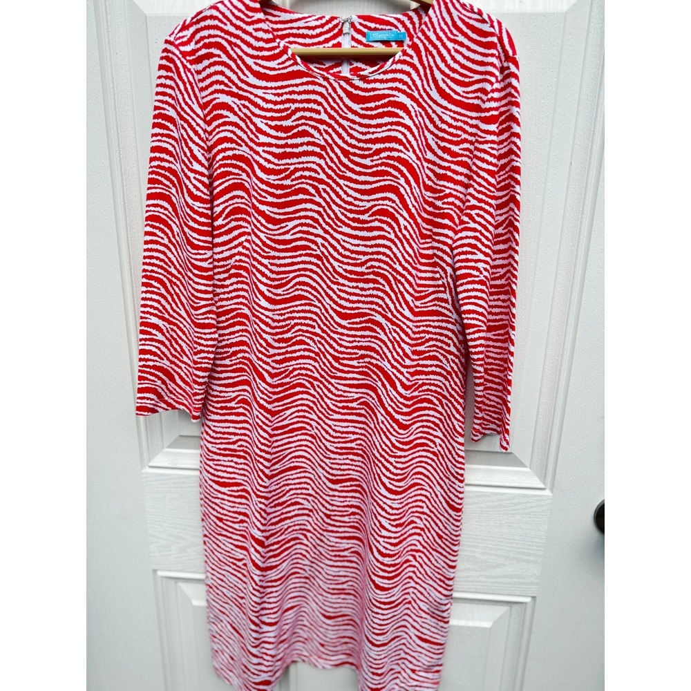 J McLaughlin XS Catalina Cloth Orange Red White Wave 3/4 Sleeve Shift Dress